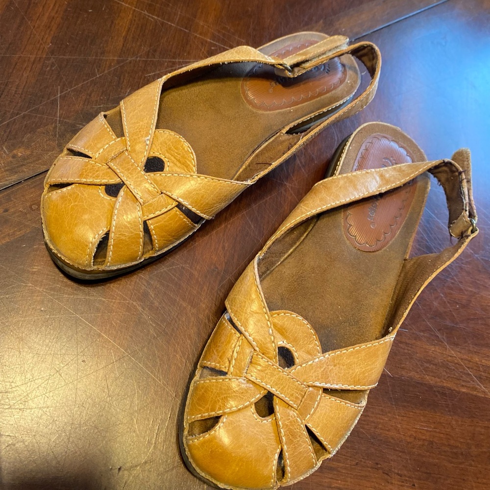 BareTraps Tan Woven Leather Peep-Toe Sandals
